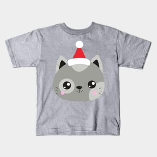 Christmas Cat, Santa Hat, Cat With Hat, Cute Cat Kids T-Shirt